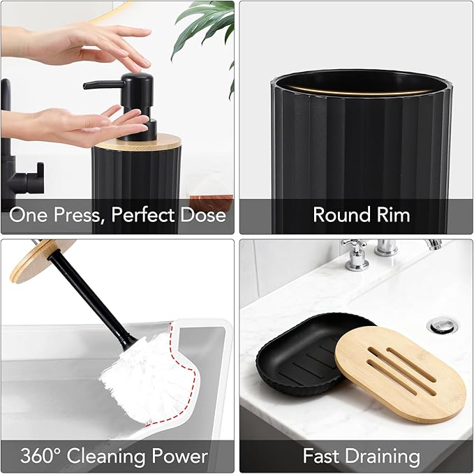 Bathroom Accessory Set, 10 Pieces Bath Set- Wicker Trash Can Tissue Box Soap Dish Toothbrush Holder Rinse Cup Lotion Bottle Toilet Brush Qtip Holder - Practical Bathroom Decor Sets (Ratten, Black)