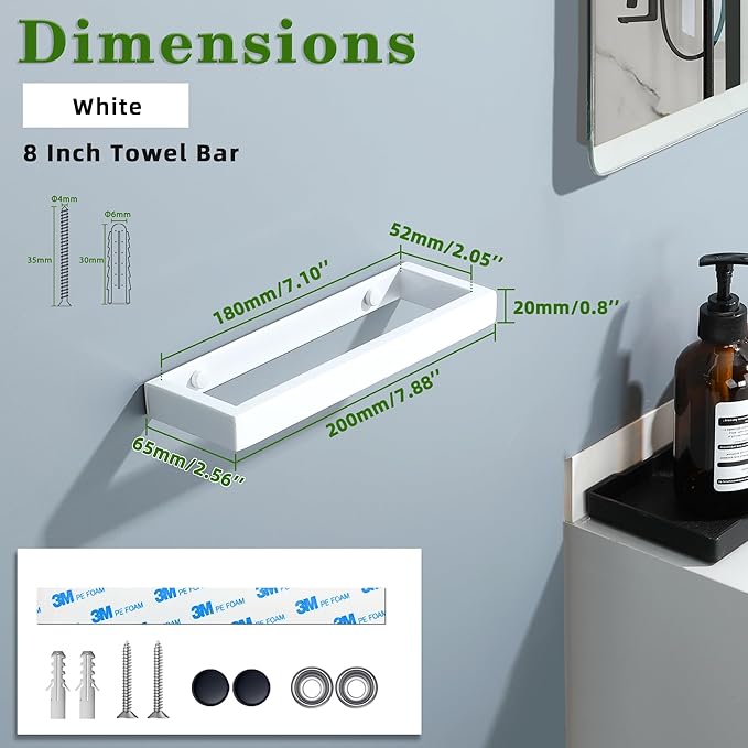 Alise Hand Towel Holder Towel Bar for Bathroom Wall Mount by Adhesive or Drilling,Towel Rack for Bathroom Lavatory,8 Inch SUS304 Stainless Steel Towel Rail Towel Hanger for Walls,White