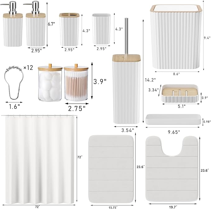 XLHOMO Bathroom Set - 25PC White Bathroom Set with Shower Curtain and Rugs, Bathroom Accessories Set, White Shower Curtain Set with Bathroom Trash Can