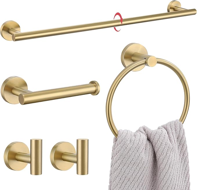 Lairuier 5 Pieces Brushed Gold Bathroom Accessories Set, 23.6 Inch Bath Towel Bar Set, SUS304 Stainless Steel Bathroom Hardware Set Round Toilet Paper Holder Set Wall Mounted