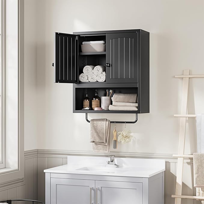 Letaya Metal Bathroom Wall Cabinet with 2 Doors,Medicine Cabinet with Towel Rack,Wall Mounted Storage Cabinet (Black)