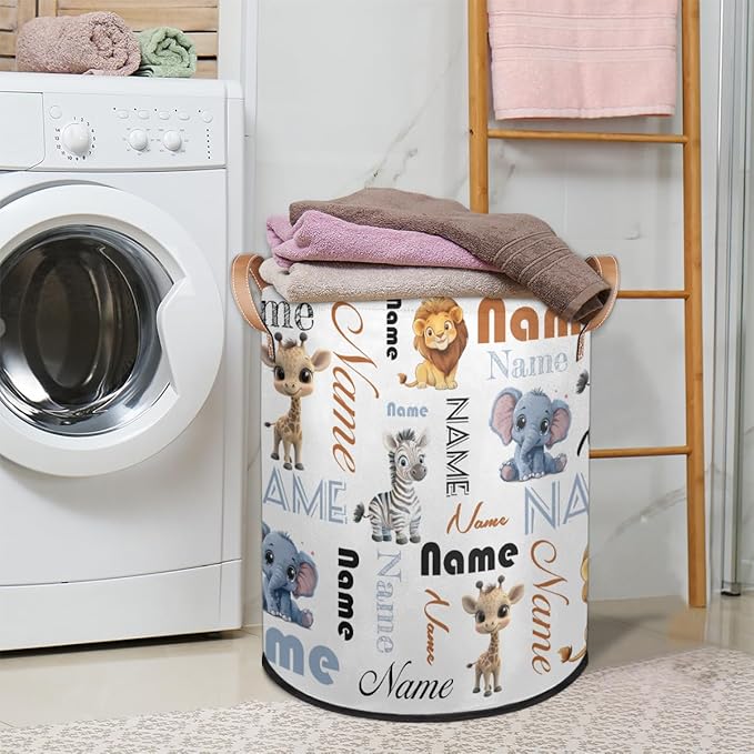 Custom Elephant Zebra Giraffe Lion Laundry Hamper, Personalized Laundry Baskets with Handles Dirty Clothes Hamper Storage Basket