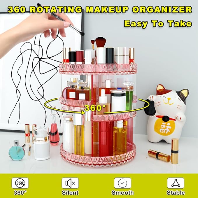 360 Rotating Makeup Organizer, DIY Adjustable Makeup Carousel Spinning Holder Storage Rack, Large Capacity Vanity Organizer Skincare Organizers (Pink)