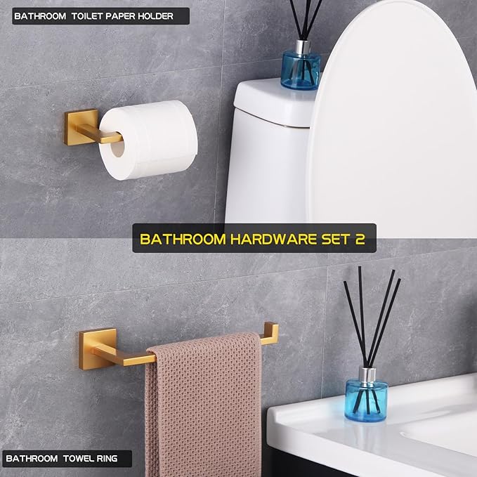 GERZWY Bathroom 2-Piece Bathroom Hardware Set Gold Stainless Steel - Toilet Paper Holder Towel Ring IG1856-2BE