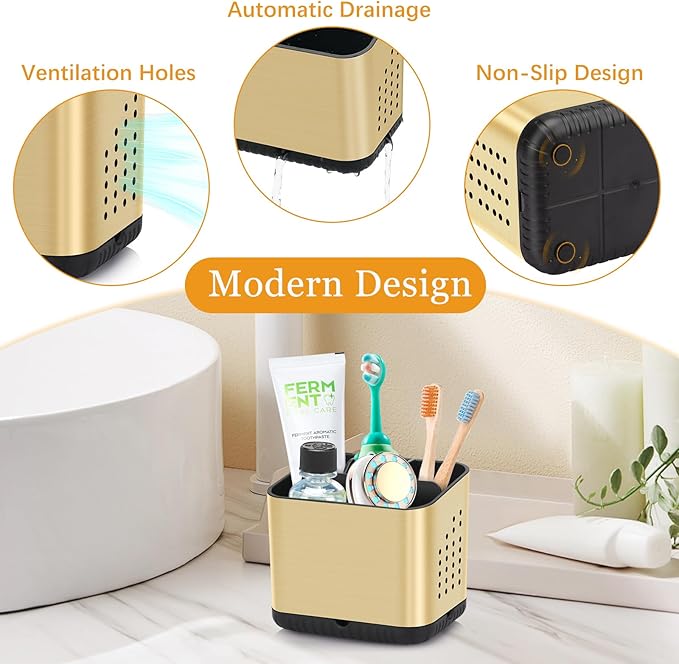 PARKMANI Toothbrush Holders for Bathrooms, Tooth Brush Holder for Bathroom Countertop Organizer, Kids Electric Toothbrush and Toothpaste Holder (Brushed Gold)
