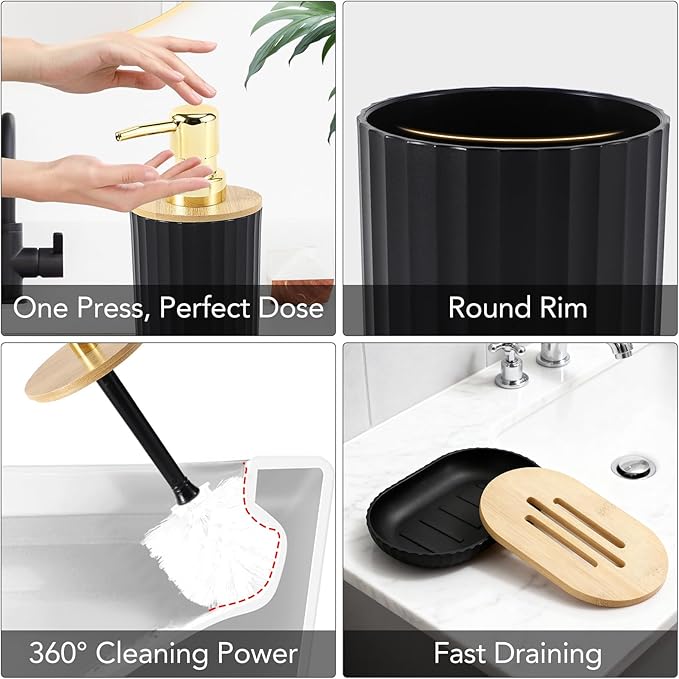 Bathroom Accessories Set - 10PCS Bathroom Set with Handwoven Trash Can,Shower Curtain,Toilet Brush Holder Set,Tissue Holder & Soap Dispenser for Bathroom Décor and Housewarming Gifts (Black, Bath Set)