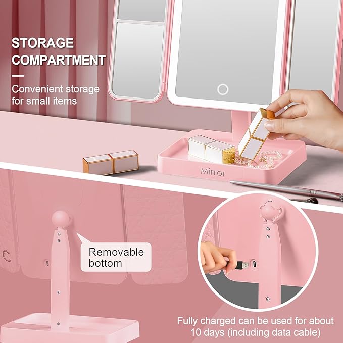StellarHorizon Makeup Mirror Vanity Mirror with Lights, 83 LEDs, 360-Degree Uniform Fill Light, 3-Color Lighting, Touch Control, Trifold Makeup Mirror,Portable Led Travel Mirror，Women Gift