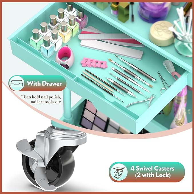 Makeup Cart Organizer with Drawers, 4 Tier Floor Skincare Organizers for Vanity, Rolling Makeup Bathroom Storage Cart Cosmetics Display Cases for Skin Care Perfume Nail Polish, Blue