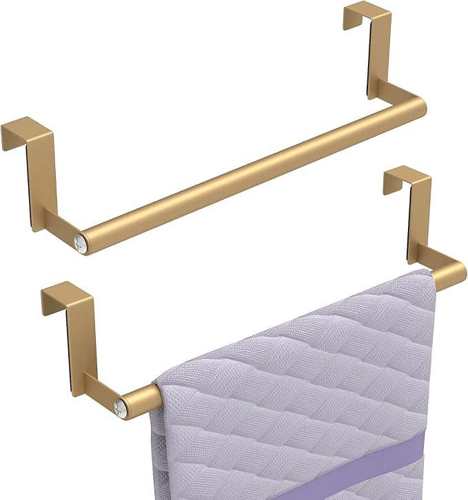STWWO Over The Door Towel Rack, Kitchen Towel Holder Over Cabinet Door Towel Bar Stainless Steel for Cupboard for Kitchen Dish Towel Holder Hanger, 2 Pack (Gold)