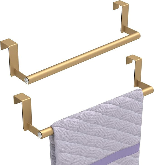 STWWO Over The Door Towel Rack, Kitchen Towel Holder Over Cabinet Door Towel Bar Stainless Steel for Cupboard for Kitchen Dish Towel Holder Hanger, 2 Pack (Gold)
