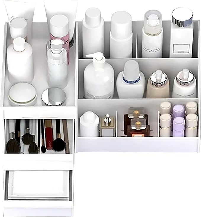 Blue Make Up and SkinCare Organizers and Storage for Vanity, Countertop, Dresser Bathroom| Drawers Shelves Brushes Eyeshadow Lipstick Nail Polish Jewelry Aesthetic make up Organizer