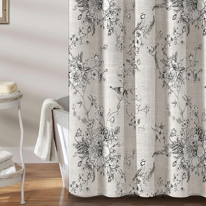 MUGINYU Black Vintage Floral Linen Shower Curtain - Bird & Leaf Print Pattern Farmhouse Rustic Toile Shower Curtains for Bathroom - French Country Bathroom Decor,72x72 Bath Curtain