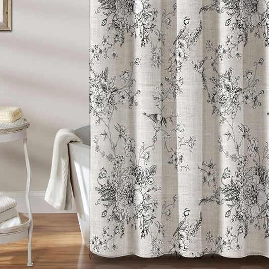 MUGINYU Black Vintage Floral Linen Shower Curtain - Bird & Leaf Print Pattern Farmhouse Rustic Toile Shower Curtains for Bathroom - French Country Bathroom Decor,72x72 Bath Curtain