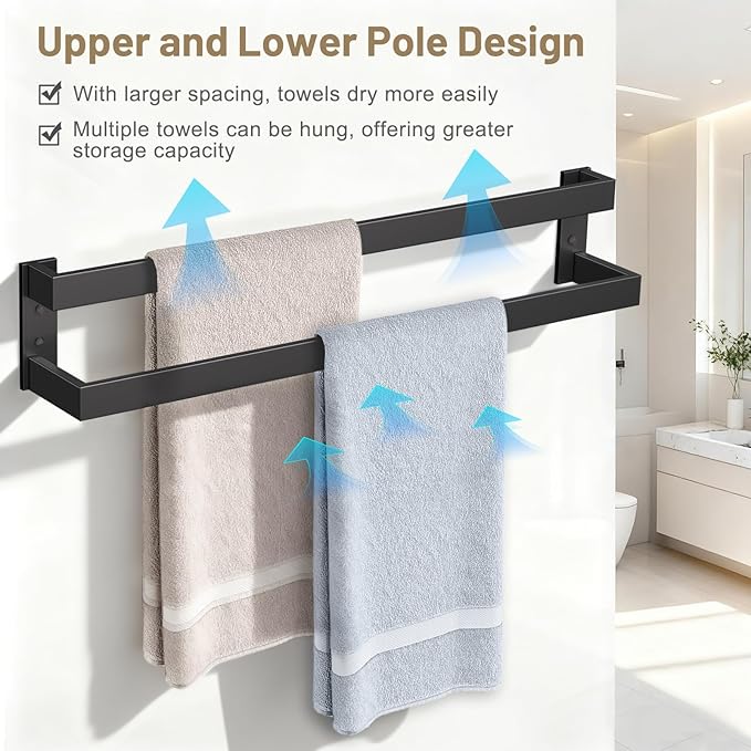 TNOMS Double Towel Bar,Towel Holder for Bathroom Stainless Steel Towel Rack Wall-Mounted Bathroom Towel Bar 24-Inch Bathroom Hardware Accessories,Matte Black