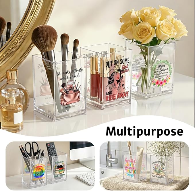 I Woke Up Like This Acrylic Cosmetic Pencil Pen Holder, Funny Vanity Accessories for Girls, Makeup Brushes Holder for Women Friend Sister, Desk Accessories Vanity Container for Makeup Lover