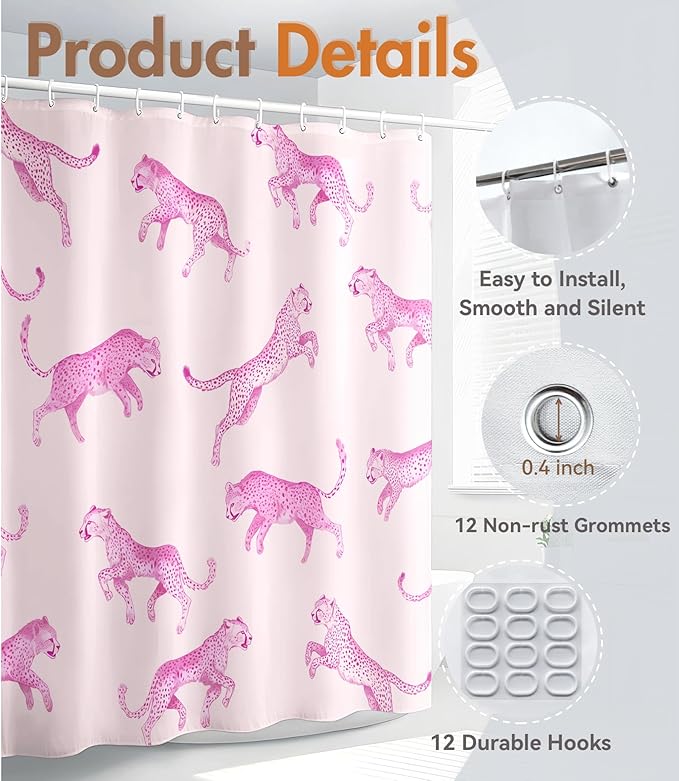 MAMUSE Shower Curtain for Bathroom - Cute Aesthetic Decorative Modern Girly Unique Girls Design Pretty Women Waterproof Fabric Cloth Cortinas de Baño Bathtub 72 x 72 Inch, Pink Leopard