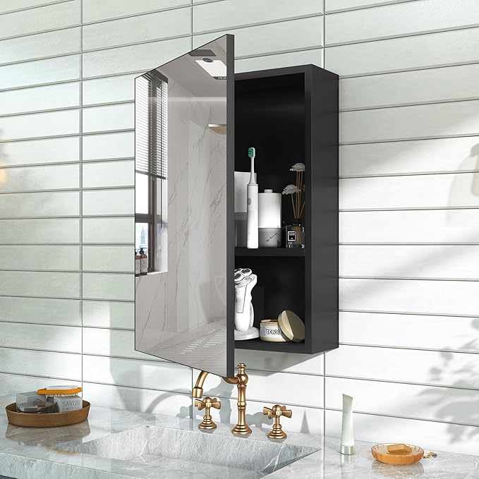 18x14 Inch Bathroom Medicine Cabinet with Mirror, Pre-Assembled Bathroom Medicine Cabinets, Surface/Recessed Wall Mounted Farmhouse Large Medicine Cabinet, Black