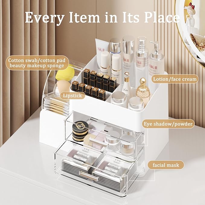 Makeup Organizer with Large Capacity, Stain-Resistant Rotating Clear Compartment and 2 Drawers for Cosmetics and Skincare Storage – Vanity Countertop Organizer for Bathroom and Bedroom (White)