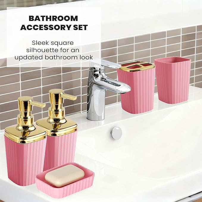 XLHOMO 9-Piece Pink Bathroom Accessories Set - Cute & Functional Set with Slim Trash Can, Soap Dish & Jars - Ideal Gift for Girls, Dorm Room & Modern Vanity Decor