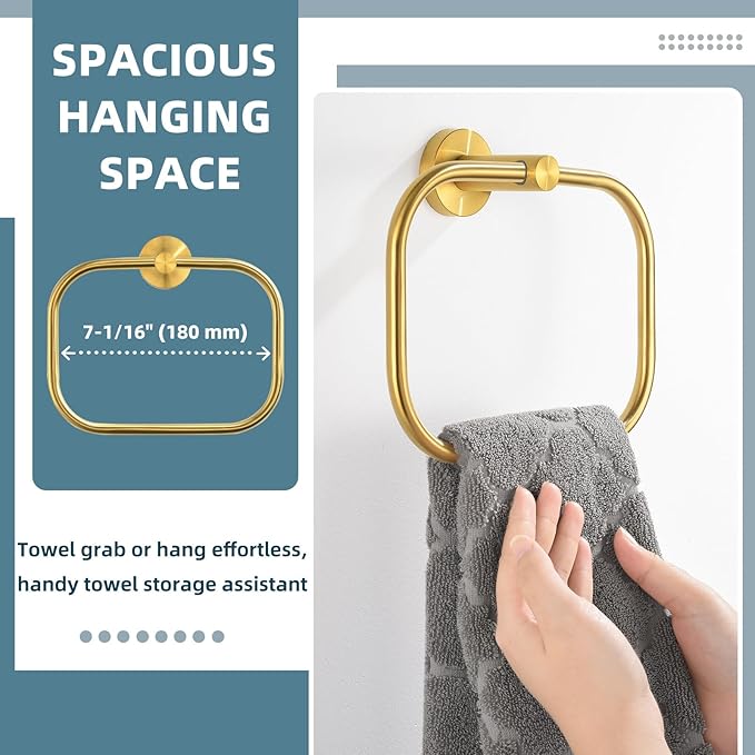 APLusee Square Towel Ring Brushed Gold, 304 Stainless Steel Hand Towel Holder for Bath Kitchen, Wall Mounted