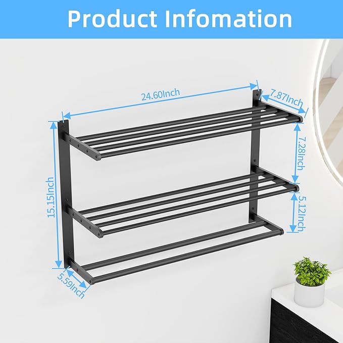 Towel Racks for Bathroom 24 Inch, 3 Tier Towel Shelf with Double Towel Bar, Wall Mounted Towel Rack SUS 304 Stainless Steel, Towel Storage for Bathroom Lavatory, Black