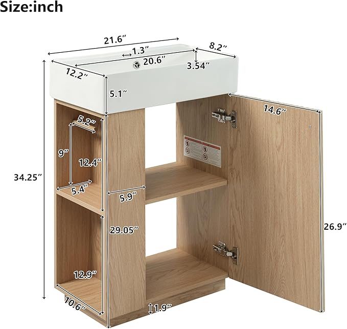 Virubi 21.6" Small Fluted Bathroom Vanity with Sink,Soft Closing Doors and Storage Shelves,Natural Wood Single Bathroom Sink Cabinet Combo Freestanding, Natural Wood