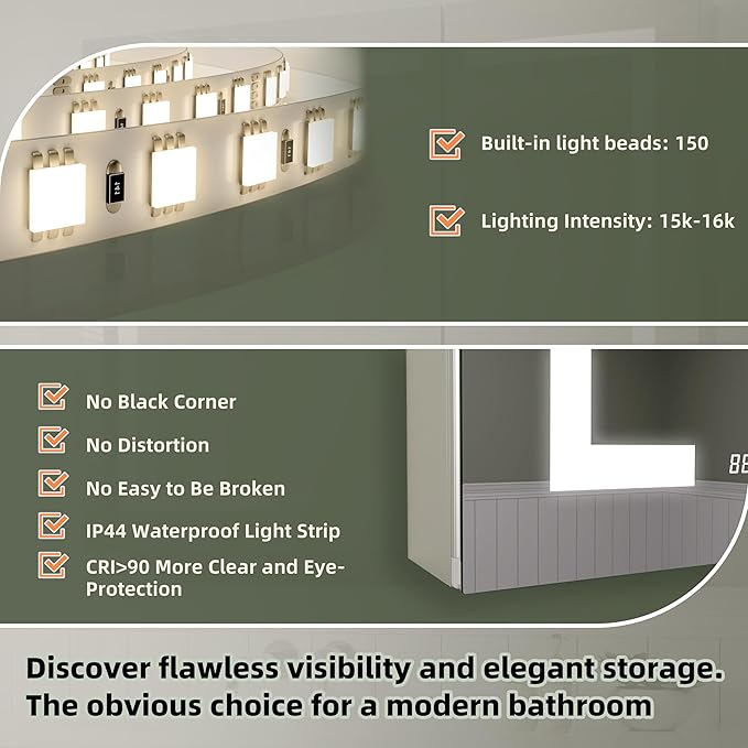 LED Medicine Cabinet Mirror with Lights, 36 x 30 Inch Bathroom Storage, Recessed/Wall Mount, Plug-in/Hardwired, 3 Color Dimmable Light, Anti-Fog, Time Temp Display