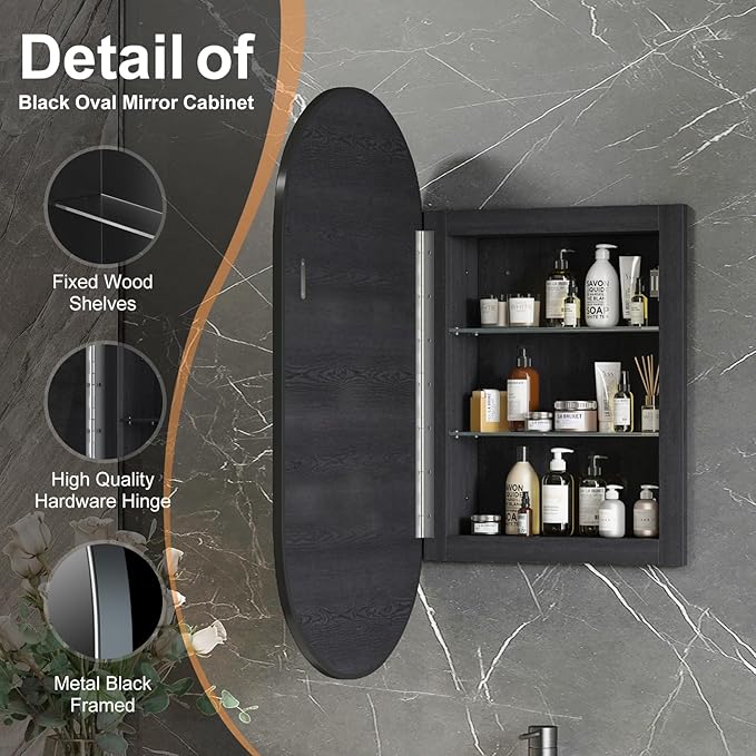 Oval Medicine Cabinet Mirror for Bathroom,Recessed Black Medicine Cabinet with Mirror, Brushed Black Mirror Cabinet with 3 Storage,Metal Edge,Wall Mounted,16x31Inch