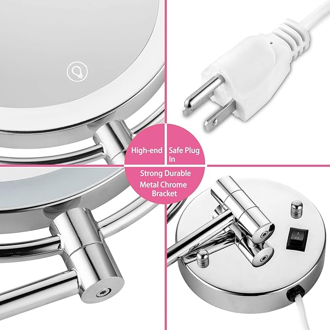 Wall Mounted Lighted Makeup Mirror, 8 Inch Double-Sided 1X 5X Magnifying Mirror for Bathroom, 11'' Extendable Arm, 360° Swivel, Touch DimmableLED Lights, Powered by Plug in, Chrome