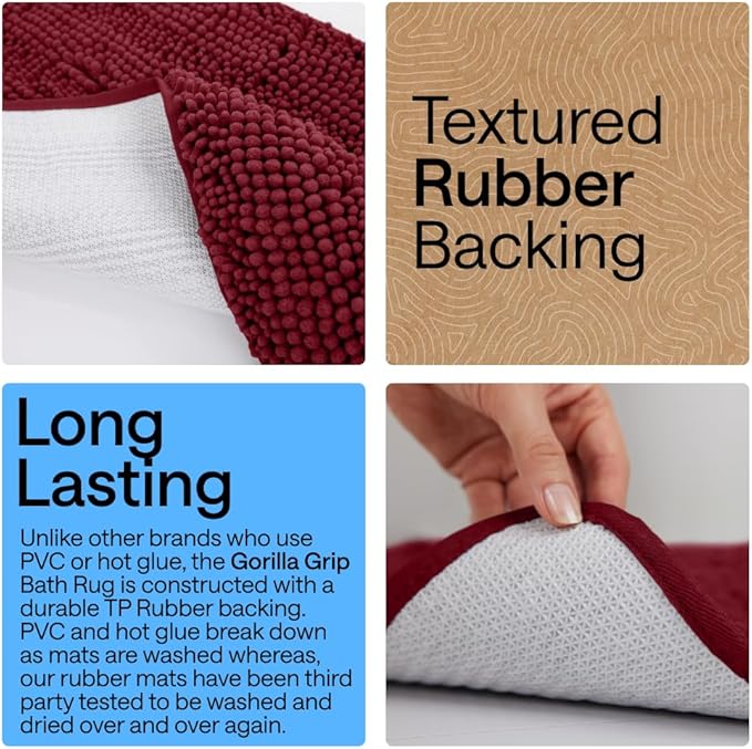 GORILLA GRIP Bath Rug Mat 48x24, Soft Absorbent Chenille, Quick Dry Microfiber Mats, Rubber Backing Washable Shower Floor Rugs, Bathmat Runner, US Designed Bathroom Home Decor Accessories Burgundy