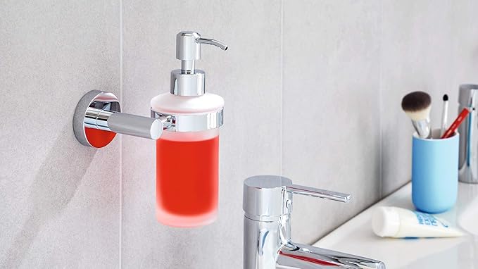 tesa EXXCELLENT Bathroom Shelf - self-Adhesive Shelf for Bathroom Accessories - Chrome Handles, Satin Glass Surface - 50 mm x 600 mm x 118 mm