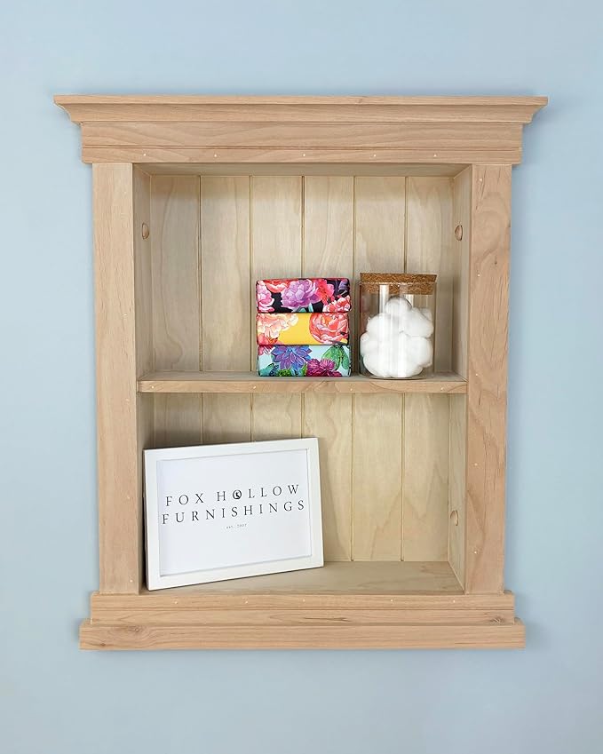 Fox Hollow Furnishings 14x18 Elliot Craftsman Recessed Wood Wall Niche, Open Medicine Cabinet Replacement, in Wall Bathroom Cabinet Insert Shelves, Made in North America, NO MDF, Beadboard, Unfinished