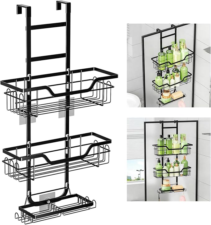 Two Layer Bathroom Storage Shelf Mounted on Door Highlighting 3 Fasteners Integrated Soap Dish Quick Drains Structure Bronzing Cream Door Cart