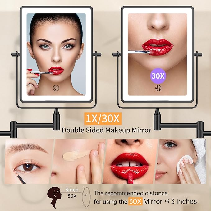 FUNTOUCH 5000mAh Rechargeable Wall Mounted Makeup Mirror with Lights, 8.7" Double Sided 1X/30X Magnifying Mirror with Dimmable 3 Color Light, Extended Swing Arm 360° Wall Mount Bathroom Vanity Mirror