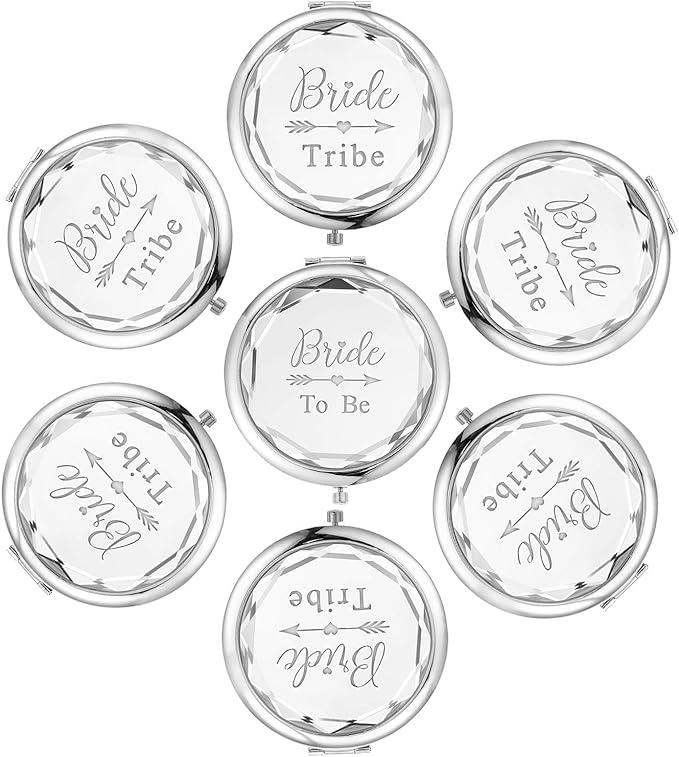 Pack of 7 Compact Pocket Makeup Mirrors Set Include 1 Bride to Be Mirror and 6 Bride Tribe Mirrors Bachelorette Party Bridesmaid Proposal Gifts(Silver)