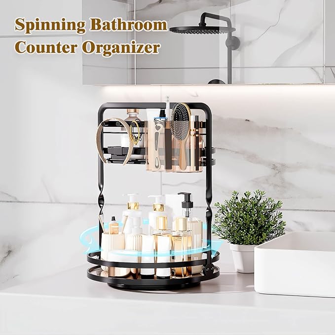 Rotating Makeup Organizer, Black Perfume Organizer for Dresser, Spinning Bathroom Countertop Organizer, 2 Tier Lazy Susan Vanity Tray Skincare Storage Cosmetic Display Case with Brush Holder