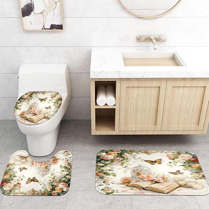 Yizheer Luxury 4Pcs Book Flower Butterfly Shower Curtain Set, Flower Pattern Castle Waterproof Bathroom Decor Kit (Shower Curtain + Bath Rugs + Toilet Lid Cover + Hooks), Elegant Curtain for Bathroom