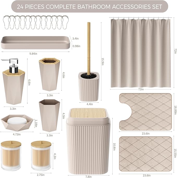 Bathroom Accessories Set - Beige Bathroom Set with Shower Curtain and Rugs, Trash Can, Toilet Brush with Holder, Soap Dispenser, Toothbrush and Toothpaste Holder, Cup, Soap Dish, Qtip Holders, Tray