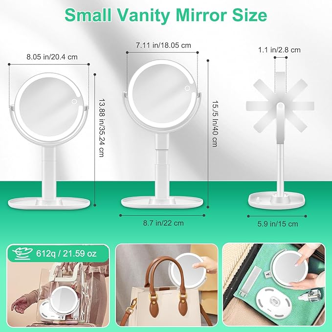 20X/1X Magnifying Makeup Mirror with Lights, Double-Sided Home Vanity Mirror with 3 Color Brightness Adjustable, 360° Rotation, Adjustable Height, Rechargeable, Phone Holder and Storage Tray