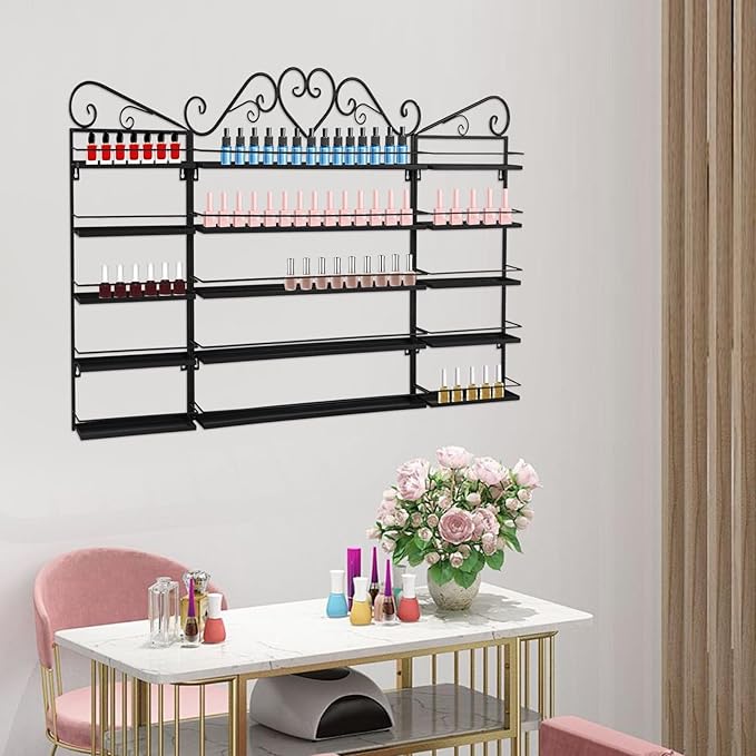 3PCS Wall-Mounted Nail Polish Racks, 5-Tier Metal Makeup Display Wall Shelf Storage Organizer for Home Spa Nail Salon Perfume Lipstick Cosmetic (Black)