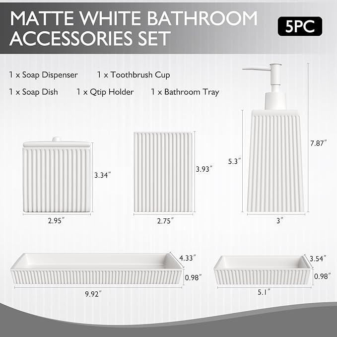 XLHOMO Bathroom Set - White Bathroom Accessories Set, 5PCS Ceramic Bathroom Accessory Set, Bathroom Sets with Soap Dispenser, Toothbrush Tumbler, Soap Dish, Q-tip Holder & Vanity Tray