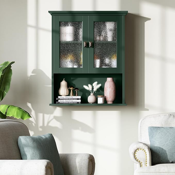 Bathroom Cabinet Wall Mount, Medicine Cabinet Over Toilet Storage Cabinet with Glass Door Build-in Spirit Level Cupboard Hanging Storage for Bathroom Laundry Kitchen Living Room (Forest Green)