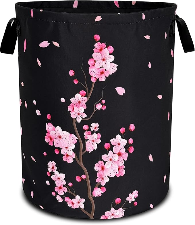 Pink Cherry Blossoms Laundry Basket Flowers Foldable Oxford Cloth Funny Tote Bag Laundry Hamper Clothes Storage Bucket Toy Organizer For Bathroom/Laundry Storage/Bedroom 18.9x16.5 Inch