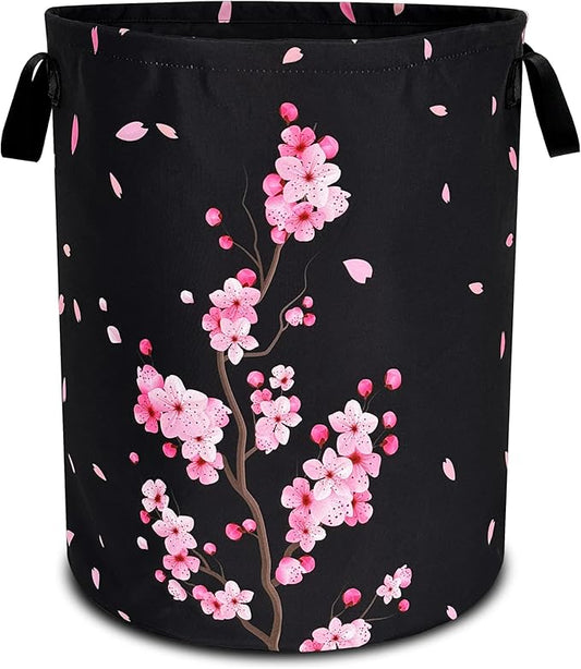 Pink Cherry Blossoms Laundry Basket Flowers Foldable Oxford Cloth Funny Tote Bag Laundry Hamper Clothes Storage Bucket Toy Organizer For Bathroom/Laundry Storage/Bedroom 18.9x16.5 Inch