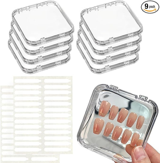 Press On Nail Storage Box Set - 9 Clear Packaging Boxes with 52 Pre-Cut Double-Sided Adhesive Tapes for Nail Business Display, Salon Supplies & Organizer (Transparent)