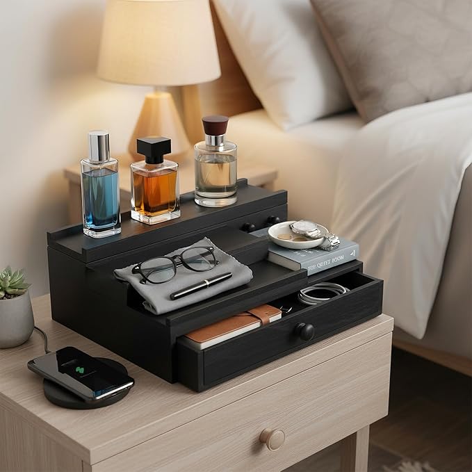 Cologne Organizer for Men,Solid Wood Cologne Stand with Drawer and Hidden Compartments, Nightstand Organizer,Dresser Drawer Organizers,Organizador de Perfumes,Perfume Stand Organizer for Bedroom,Black