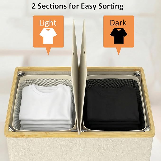 efluky Laundry Hamper with Lid, Double Laundry Hamper with 2 Removable Bags, 2 Section Laundry Basket with Bamboo Handles for Bathroom, Bedroom & Laundry Room, 140L (36.9 Gallon) Beige