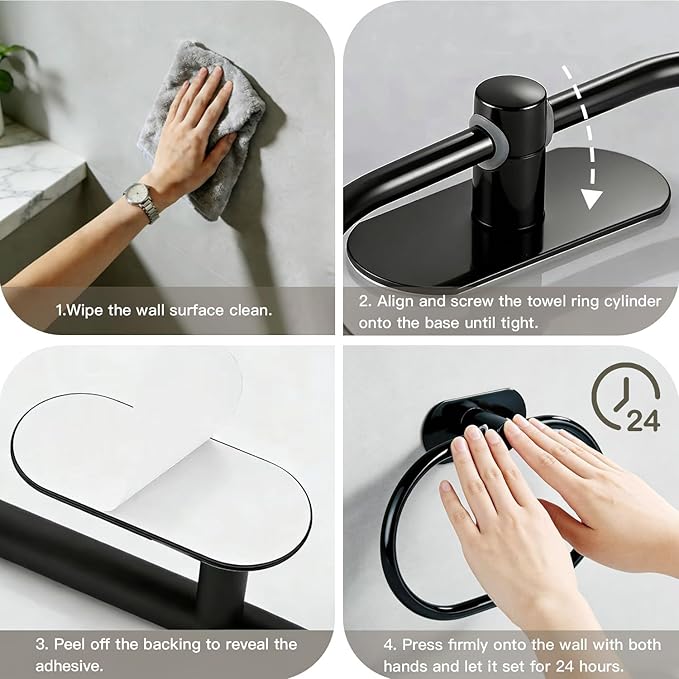 Besteffie Adhesive Towel Ring Self Adhesive Hand Towel Ring Stainless Steel Rustproof Bathroom Towel Holder Wall Mount SUS 304 Stainless Steel Matte Black