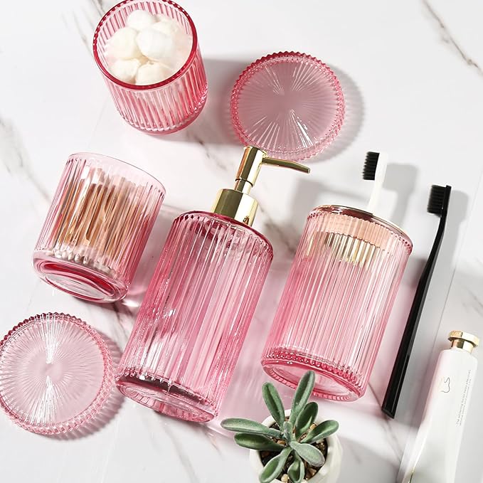 RYTOXILO Pink Bathroom Accessories Set, Pink Bathroom Decor Accessory Sets Complete, 4 Pack Ribbed Grils Soap Dispenser and Toothbrush Holder Set with 2 Qtip Holders, Girly Bath Counter Essentials