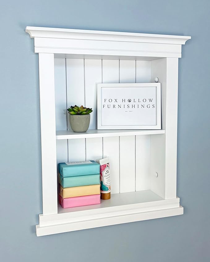 Fox Hollow Furnishings 14x18 Elliot Craftsman Recessed Wood Wall Niche, Open Medicine Cabinet Replacement, in The Wall Bathroom Cabinet Insert Shelves, Made in North America, NO MDF, Beadboard, White